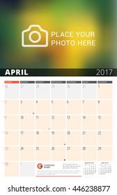 Wall Calendar Planner for 2017 Year. Vector Design Print Template with Place for Photo and Notes. Phases of the Moon. Week Starts Sunday. 3 Months on Page. April 2017