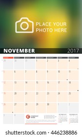 Wall Calendar Planner for 2017 Year. Vector Design Print Template with Place for Photo and Notes. Phases of the Moon. Week Starts Sunday. 3 Months on Page. November 2017