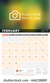 Wall Calendar Planner for 2017 Year. Vector Design Print Template with Place for Photo and Notes. Phases of the Moon. Week Starts Sunday. 3 Months on Page. February 2017