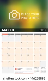 Wall Calendar Planner for 2017 Year. Vector Design Print Template with Place for Photo and Notes. Phases of the Moon. Week Starts Sunday. 3 Months on Page. March 2017
