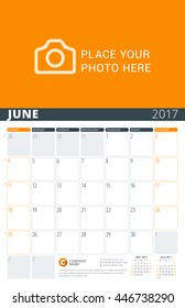 Wall Calendar Planner for 2017 Year. Vector Design Print Template with Place for Photo and Notes. Week Starts Sunday. 3 Months on Page. June 2017