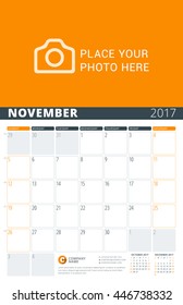 Wall Calendar Planner for 2017 Year. Vector Design Print Template with Place for Photo and Notes. Week Starts Sunday. 3 Months on Page. November 2017