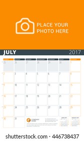 Wall Calendar Planner for 2017 Year. Vector Design Print Template with Place for Photo and Notes. Week Starts Sunday. 3 Months on Page. July 2017