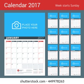 Wall Calendar Planner for 2017 Year. Vector Design Print Template with Place for Photo and Notes. Week Starts Sunday. 3 Months on Page. Set of 12 Months