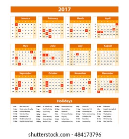 Wall Calendar Planner for 2017 Year. Vector Design Print Template with Place for Photo and Notes. Week Starts Sunday. orange art