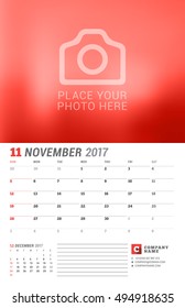 Wall Calendar Planner for 2017 Year. Vector Print Template with Place for Photo. Week Starts Sunday. 2 Months on Page. November
