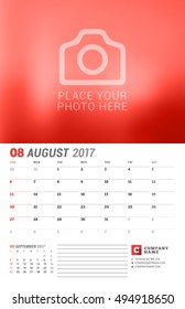 Wall Calendar Planner for 2017 Year. Vector Print Template with Place for Photo. Week Starts Sunday. 2 Months on Page. August