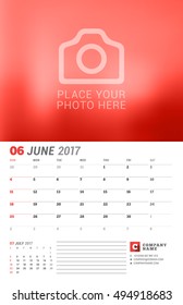 Wall Calendar Planner for 2017 Year. Vector Print Template with Place for Photo. Week Starts Sunday. 2 Months on Page. June