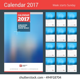 Wall Calendar Planner for 2017 Year. Vector Print Template with Place for Photo. Week Starts Sunday. 12 Months and Cover Page