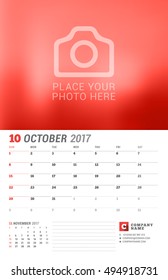 Wall Calendar Planner for 2017 Year. Vector Print Template with Place for Photo. Week Starts Sunday. 2 Months on Page. October