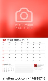 Wall Calendar Planner for 2017 Year. Vector Print Template with Place for Photo. Week Starts Sunday. 2 Months on Page. December