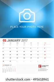 Wall Calendar Planner for 2017 Year. Vector Print Template with Place for Photo. Week Starts Monday. 2 Months on Page. January