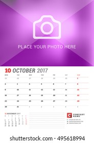 Wall Calendar Planner for 2017 Year. Vector Print Template with Place for Photo. Week Starts Monday. 2 Months on Page. October
