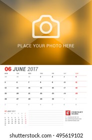 Wall Calendar Planner for 2017 Year. Vector Print Template with Place for Photo. Week Starts Monday. 2 Months on Page. June