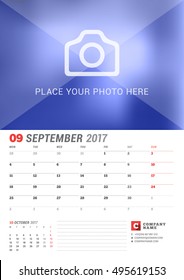 Wall Calendar Planner for 2017 Year. Vector Print Template with Place for Photo. Week Starts Monday. 2 Months on Page. September