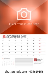 Wall Calendar Planner for 2017 Year. Vector Print Template with Place for Photo. Week Starts Monday. 2 Months on Page. December