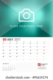Wall Calendar Planner for 2017 Year. Vector Print Template with Place for Photo. Week Starts Monday. 2 Months on Page. May