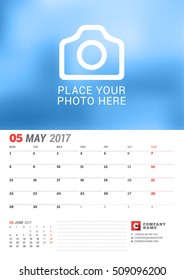 Wall Calendar Planner for 2017 Year. Vector Print Template with Place for Photo. Week Starts Monday. 2 Months on Page. May