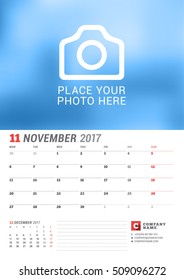 Wall Calendar Planner for 2017 Year. Vector Print Template with Place for Photo. Week Starts Monday. 2 Months on Page. November
