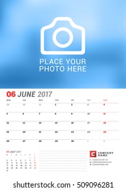 Wall Calendar Planner for 2017 Year. Vector Print Template with Place for Photo. Week Starts Monday. 2 Months on Page. June