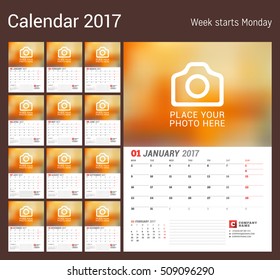 Wall Calendar Planner for 2017 Year. Vector Print Template with Place for Photo. Week Starts Monday. Set of 12 Months