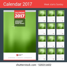 Wall Calendar Planner for 2017 Year. Vector Print Template with Place for Photo and Cover Page. Week Starts on Sunday. 2 Months on Page. Set of 12 Months