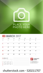 Wall Calendar Planner for 2017 Year. Vector Print Template with Place for Photo. Week Starts on Sunday. 2 Months on Page. March