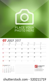 Wall Calendar Planner for 2017 Year. Vector Print Template with Place for Photo. Week Starts on Sunday. 2 Months on Page. July
