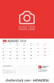 Wall Calendar Planner for 2018 Year. August. Vector Print Template with Place for Photo. Week Starts on Monday. 2 Months on Page