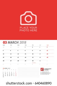 Wall Calendar Planner for 2018 Year. March. Vector Print Template with Place for Photo. Week Starts on Monday. 2 Months on Page