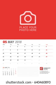 Wall Calendar Planner for 2018 Year. May. Vector Print Template with Place for Photo. Week Starts on Monday. 2 Months on Page