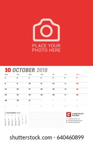 Wall Calendar Planner for 2018 Year. October. Vector Print Template with Place for Photo. Week Starts on Monday. 2 Months on Page