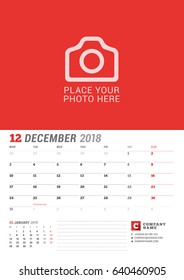 Wall Calendar Planner for 2018 Year. December. Vector Print Template with Place for Photo. Week Starts on Monday. 2 Months on Page