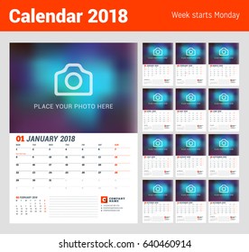 Wall Calendar Planner for 2018 Year. Set of 12 Months. Vector Print Template with Place for Photo. Week Starts on Monday. 2 Months on Page