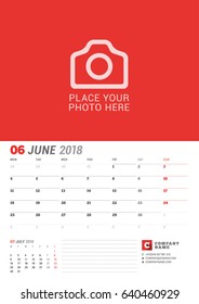 Wall Calendar Planner for 2018 Year. June. Vector Print Template with Place for Photo. Week Starts on Monday. 2 Months on Page