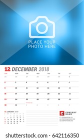 Wall Calendar Planner for 2018 Year. December. Vector Print Template with Place for Photo. Week Starts on Sunday. 2 Months on Page