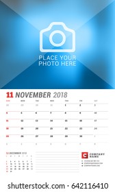 Wall Calendar Planner for 2018 Year. November. Vector Print Template with Place for Photo. Week Starts on Sunday. 2 Months on Page