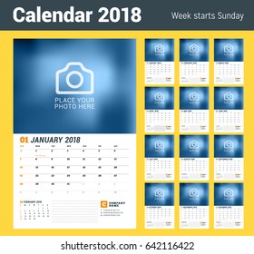 Wall Calendar Planner for 2018 Year. Set of 12 Months. Vector Print Template with Place for Photo. Week Starts on Sunday. 2 Months on Page