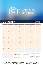 Wall Calendar Planner for 2018 Year. Vector Design Print Template with Place for Photo and Notes. Phases of the Moon. Week Starts Monday. 3 Months on Page. October 2018