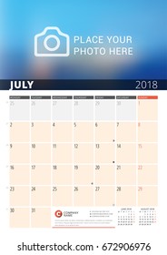 Wall Calendar Planner for 2018 Year. Vector Design Print Template with Place for Photo and Notes. Phases of the Moon. Week Starts Monday. 3 Months on Page. July 2018