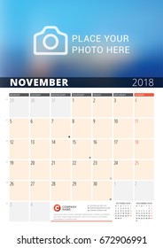 Wall Calendar Planner for 2018 Year. Vector Design Print Template with Place for Photo and Notes. Phases of the Moon. Week Starts Monday. 3 Months on Page. November 2018