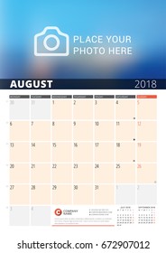 Wall Calendar Planner for 2018 Year. Vector Design Print Template with Place for Photo and Notes. Phases of the Moon. Week Starts Monday. 3 Months on Page. August 2018