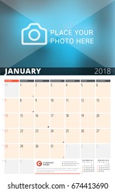 Wall Calendar Planner for 2018 Year. Vector Design Print Template with Place for Photo and Notes. Phases of the Moon. Week Starts Sunday. 3 Months on Page. January 2018