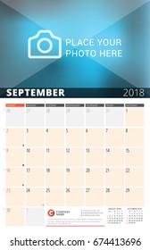 Wall Calendar Planner for 2018 Year. Vector Design Print Template with Place for Photo and Notes. Phases of the Moon. Week Starts Sunday. 3 Months on Page. September 2018