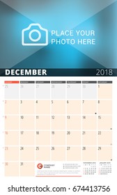 Wall Calendar Planner for 2018 Year. Vector Design Print Template with Place for Photo and Notes. Phases of the Moon. Week Starts Sunday. 3 Months on Page. December 2018