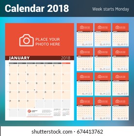 Wall Calendar Planner for 2018 Year. Vector Design Print Template with Place for Photo and Notes. Phases of the Moon. Week Starts Monday. Set of 12 Months