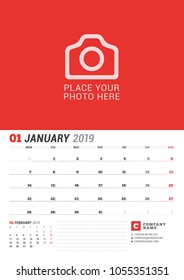 Wall calendar planner for 2019 year. January. Vector print template with place for photo. Week starts on Monday