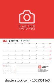 Wall calendar planner for 2019 year. February. Vector print template with place for photo. Week starts on Monday