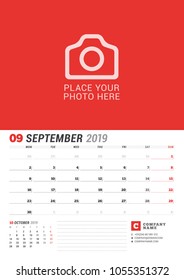 Wall calendar planner for 2019 year. September. Vector print template with place for photo. Week starts on Monday