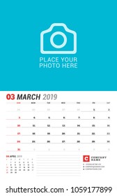Wall calendar planner for 2019 year. March. Vector print template with place for photo. Week starts on Sunday